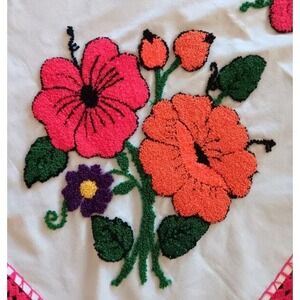 Vintage Pink Orange Punchwork Embroidery Tablecloth Red Lace Topper 42"